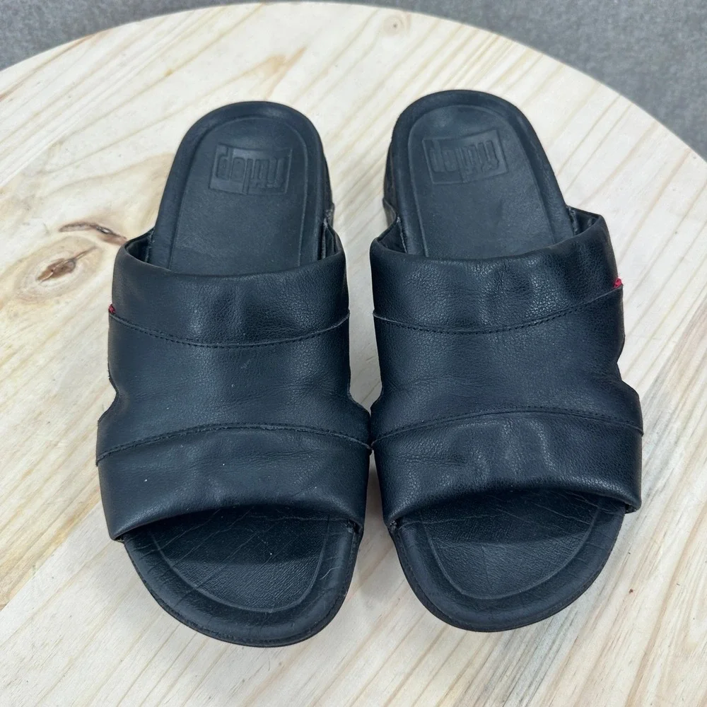 FitFlop Freeway Pool Slides Mens 8 Black Leather Comfort Sandals